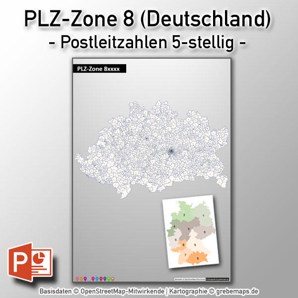 PowerPoint-Karte Deutschland Postleitzahlen 5-stellig PLZ-Zone-8 mit PLZ-5-Stadtkarte München, Karte Powerpoint PLZ Deutschland