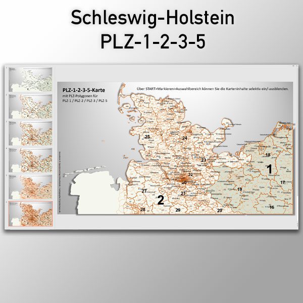 PowerPoint-Karte Schleswig-Holstein Postleitzahlen PLZ-5-3-2-1, PLZ-Karte Schleswig-Holstein, Postleitzahlenkarte Schleswig-Holstein für PowerPoint, Karte PowerPoint Postleitzahlen Schleswig-Holstein, PowerPoint-Karte PLZ 5-stellig, Vektorkarte PowerPoint PLZ 3-stellig, PLZ 2-stellig, Karte Schleswig-Holstein PLZ für PowerPoint, Bundeslandkarte PowerPoint Schleswig-Holstein PLZ, mit ausgewählten Ortsnamen