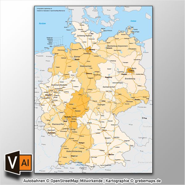 Deutschland Bundesländer Autobahnen Vektorkarte mit angrenzenden Ländern, Karte Deutschland Autobahnen, Karte Deutschland Flüsse, Karte Deutschland Bundesländer, Vektorkarte Deutschland Autobahnen, Vektorkarte Deutschland Städte