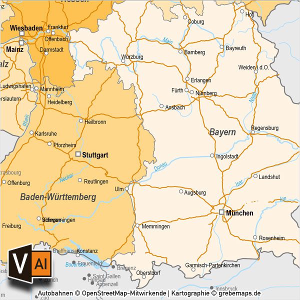 Deutschland Bundesländer Autobahnen Vektorkarte mit angrenzenden Ländern, Karte Deutschland Autobahnen, Karte Deutschland Flüsse, Karte Deutschland Bundesländer, Vektorkarte Deutschland Autobahnen, Vektorkarte Deutschland Städte