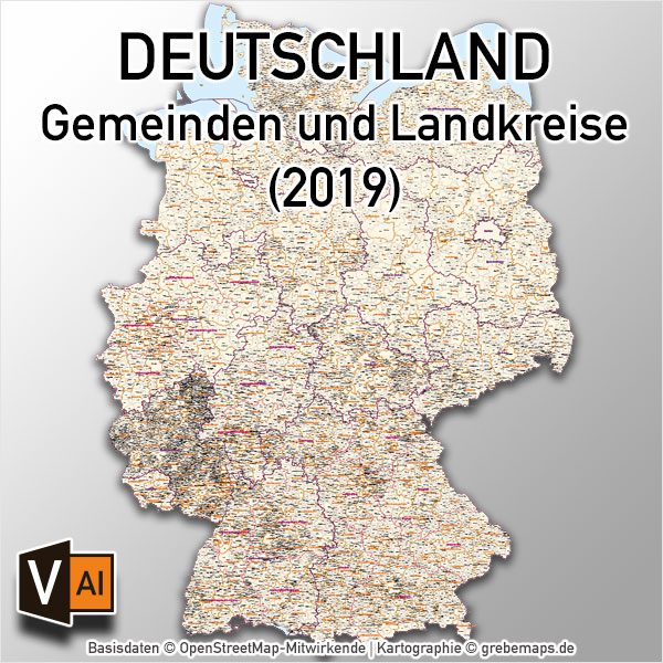 Karte Gemeinden Deutschland mit Landkreisen Vektorkarte (2019), Gemeindekarte Deutschland, Karte Gemeinden Deutschland, Vektorkarte Deutschland Gemeinden