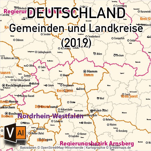 Karte Gemeinden Deutschland mit Landkreisen Vektorkarte (2019), Gemeindekarte Deutschland, Karte Gemeinden Deutschland, Vektorkarte Deutschland Gemeinden