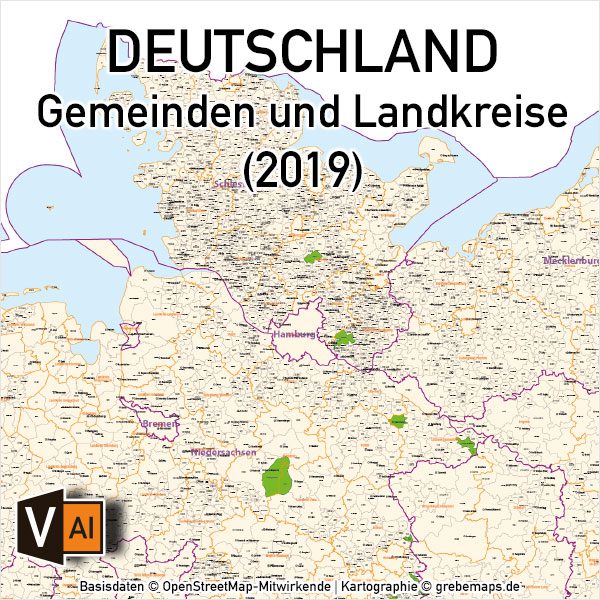 Karte Gemeinden Deutschland mit Landkreisen Vektorkarte (2019), Gemeindekarte Deutschland, Karte Gemeinden Deutschland, Vektorkarte Deutschland Gemeinden