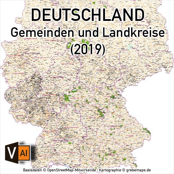 Karte Gemeinden Deutschland mit Landkreisen Vektorkarte (2019), Gemeindekarte Deutschland, Karte Gemeinden Deutschland, Vektorkarte Deutschland Gemeinden