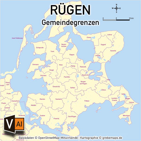 Rügen Gemeinden Vektorkarte, Karte Insel Rügen, Inselkarte Rügen, Vektorkarte Rügen, Karte Vektor Rügen, AI-Datei, download, Basiskarte, Übersichtskarte