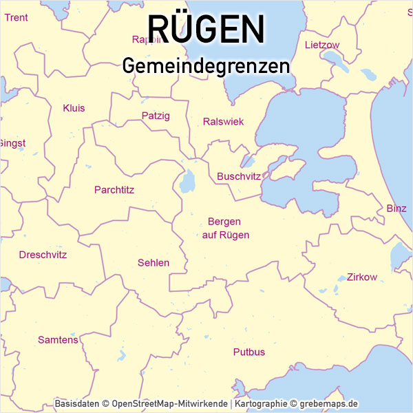 Rügen Gemeinden Vektorkarte, Karte Insel Rügen, Inselkarte Rügen, Vektorkarte Rügen, Karte Vektor Rügen, AI-Datei, download, Basiskarte, Übersichtskarte