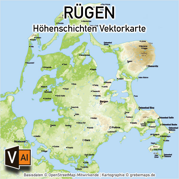 Rügen Vektorkarte Höhenschichten mit Gemeindegrenzen, Karte Insel Rügen, Basiskarte Rügen, Übersichtskarte Rügen mit Gemeindegrenzen, Vektorkarte Rügen download, Landkarte Rügen download, Karte Rügen für Print, AI-Datei, Inselkarte Rügen