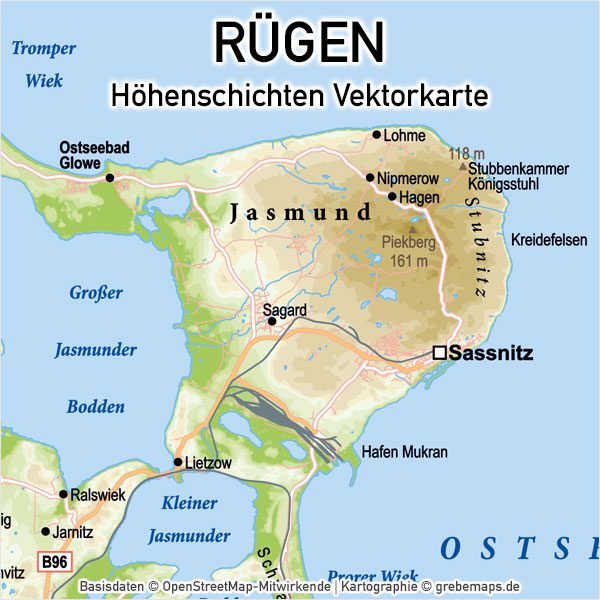 Rügen Vektorkarte Höhenschichten mit Gemeindegrenzen, Karte Insel Rügen, Basiskarte Rügen, Übersichtskarte Rügen mit Gemeindegrenzen, Vektorkarte Rügen download, Landkarte Rügen download, Karte Rügen für Print, AI-Datei, Inselkarte Rügen