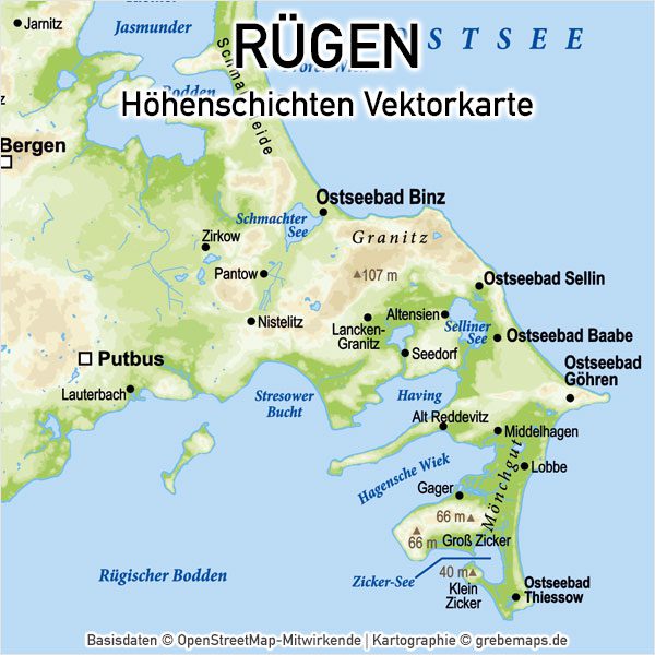 Rügen Vektorkarte Höhenschichten mit Gemeindegrenzen, Karte Insel Rügen, Basiskarte Rügen, Übersichtskarte Rügen mit Gemeindegrenzen, Vektorkarte Rügen download, Landkarte Rügen download, Karte Rügen für Print, AI-Datei, Inselkarte Rügen