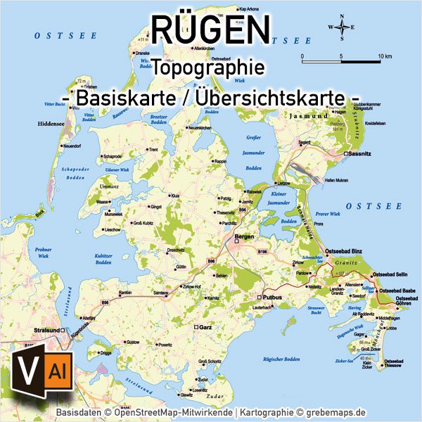 Rügen Vektorkarte mit Gemeindegrenzen Topographie, Karte Insel Rügen, Basiskarte Rügen, Übersichtskarte Rügen mit Gemeindegrenzen und Gemeindenamen, Vektorkarte Rügen, Inselkarte Rügen download, AI-Datei, Print