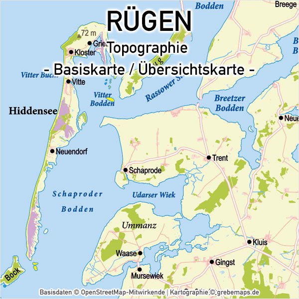 Rügen Vektorkarte mit Gemeindegrenzen Topographie, Karte Insel Rügen, Basiskarte Rügen, Übersichtskarte Rügen mit Gemeindegrenzen und Gemeindenamen, Vektorkarte Rügen, Inselkarte Rügen download, AI-Datei, Print