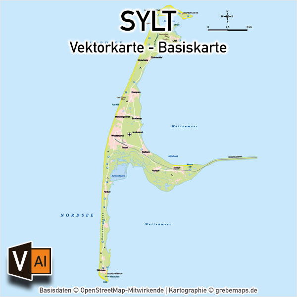 Sylt Basiskarte (DIN A4) Vektorkarte, Karte Insel Sylt, Basiskarte Sylt, Übersichtskarte Sylt, Vektorkarte Sylt download, AI-Datei, download, Vektordaten, Vektorgrafik Sylt