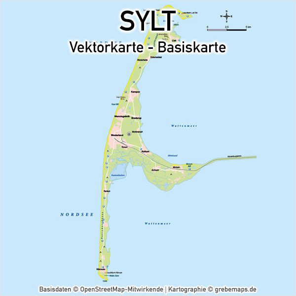 Sylt Basiskarte (DIN A4) Vektorkarte, Karte Insel Sylt, Basiskarte Sylt, Übersichtskarte Sylt, Vektorkarte Sylt download, AI-Datei, download, Vektordaten, Vektorgrafik Sylt