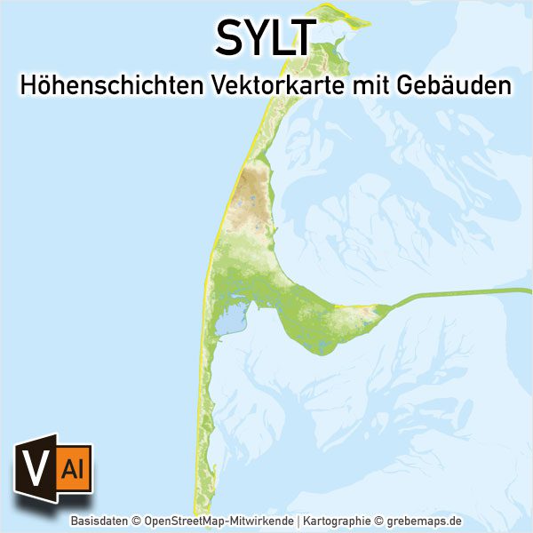 Sylt Vektorkarte Höhenschichten – Karte mit Gebäuden (DIN A4), Karte Sylt, Inselkarte Sylt, Vektorkarte Sylt für Print Druck download AI-Datei, Karte Vektor Sylt, Kartengrafik