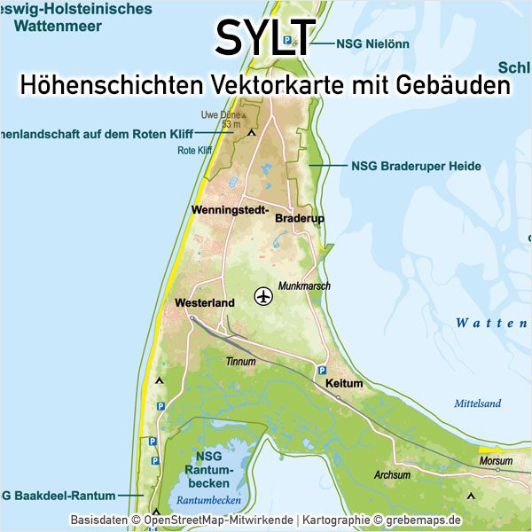 Sylt Vektorkarte Höhenschichten – Karte mit Gebäuden (DIN A4), Karte Sylt, Inselkarte Sylt, Vektorkarte Sylt für Print Druck download AI-Datei, Karte Vektor Sylt, Kartengrafik