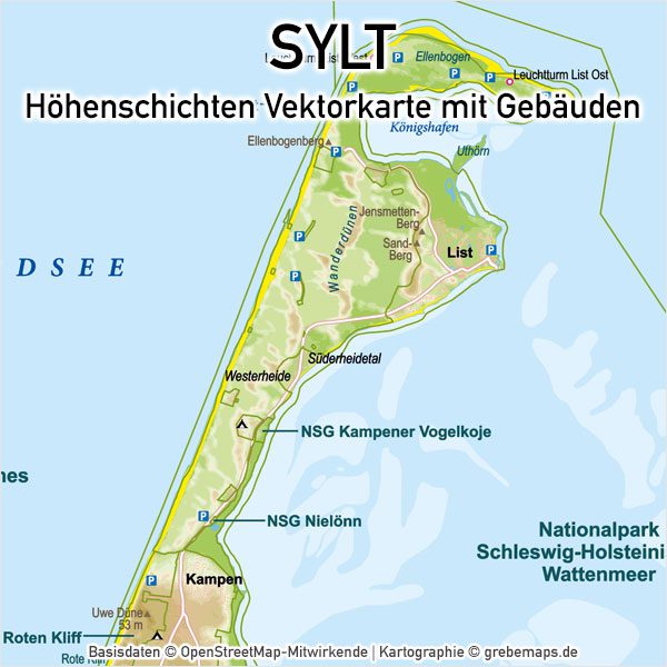 Sylt Vektorkarte Höhenschichten – Karte mit Gebäuden (DIN A4), Karte Sylt, Inselkarte Sylt, Vektorkarte Sylt für Print Druck download AI-Datei, Karte Vektor Sylt, Kartengrafik