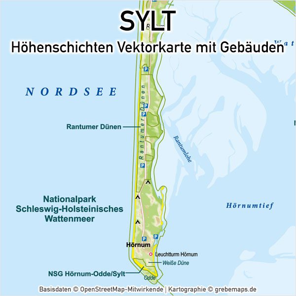 Sylt Vektorkarte Höhenschichten – Karte mit Gebäuden (DIN A4), Karte Sylt, Inselkarte Sylt, Vektorkarte Sylt für Print Druck download AI-Datei, Karte Vektor Sylt, Kartengrafik