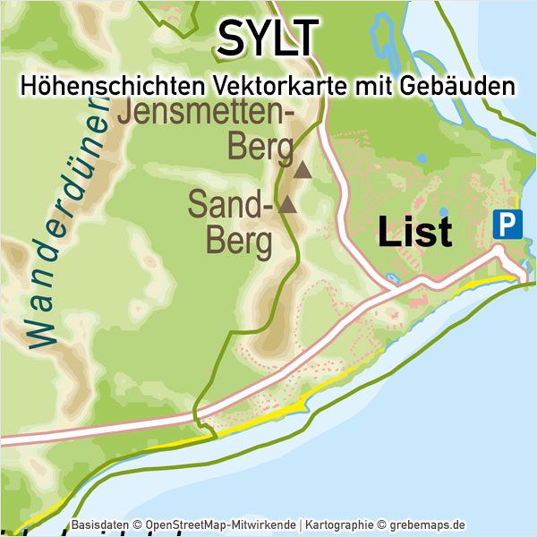 Sylt Vektorkarte Höhenschichten – Karte mit Gebäuden (DIN A4), Karte Sylt, Inselkarte Sylt, Vektorkarte Sylt für Print Druck download AI-Datei, Karte Vektor Sylt, Kartengrafik