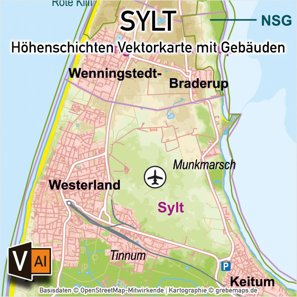 Sylt Vektorkarte Höhenschichten – Karte mit Gebäuden (DIN A4), Karte Sylt, Inselkarte Sylt, Vektorkarte Sylt für Print Druck download AI-Datei, Karte Vektor Sylt, Kartengrafik