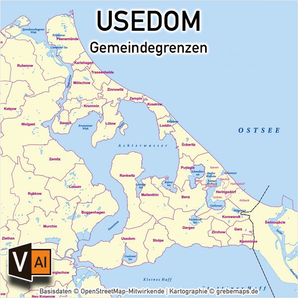 Usedom Gemeinden Vektorkarte Inselkarte, Karte Insel Usedom Gemeinden, Inselkarte Usedom, Vektorkarte Insel Usedom download, Gemeindekarte Usedom