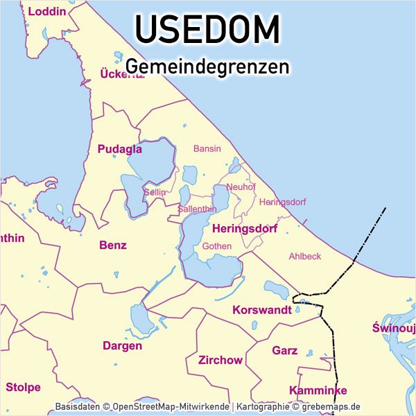 Usedom Gemeinden Vektorkarte Inselkarte, Karte Insel Usedom Gemeinden, Inselkarte Usedom, Vektorkarte Insel Usedom download, Gemeindekarte Usedom