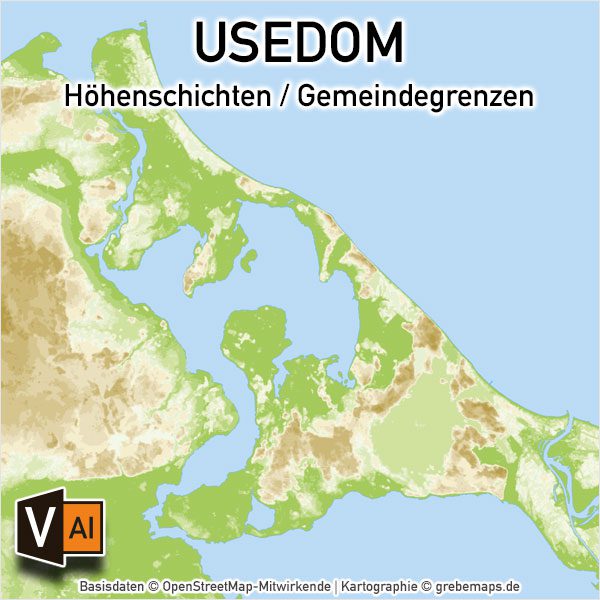 Usedom Inselkarte Vektorkarte Höhenschichten mit Gemeindegrenzen, Karte Insel Usedom Vektor download, Karte Insel Usedom download, download Karte Usedom, Vektorkarte Usedom download, AI-Datei