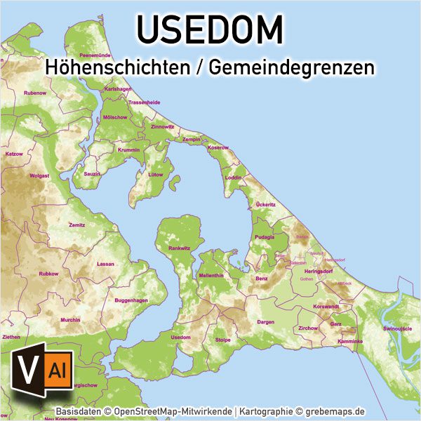 Usedom Inselkarte Vektorkarte Höhenschichten mit Gemeindegrenzen, Karte Insel Usedom Vektor download, Karte Insel Usedom download, download Karte Usedom, Vektorkarte Usedom download, AI-Datei