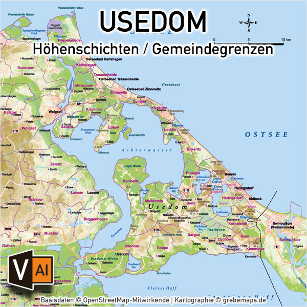 Usedom Inselkarte Vektorkarte Höhenschichten mit Gemeindegrenzen, Karte Insel Usedom Vektor download, Karte Insel Usedom download, download Karte Usedom, Vektorkarte Usedom download, AI-Datei