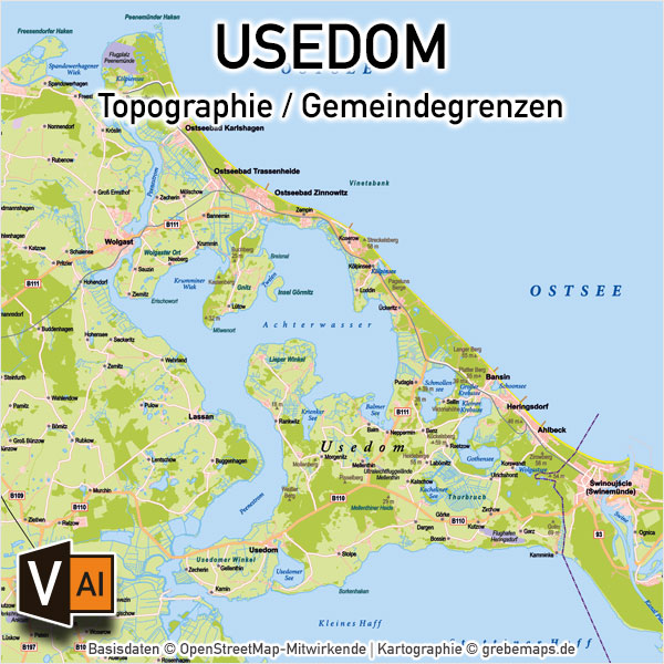 Usedom Vektorkarte Topographie mit Gemeindegrenzen, Karte Usedom Vektor download, Inselkarte Usedom AI-Datei, Inselkarte Usedom download, Karte Usedom download, Karte Vektor Usedom