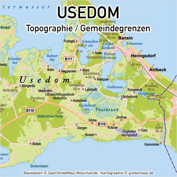 Usedom Vektorkarte Topographie mit Gemeindegrenzen, Karte Usedom Vektor download, Inselkarte Usedom AI-Datei, Inselkarte Usedom download, Karte Usedom download, Karte Vektor Usedom