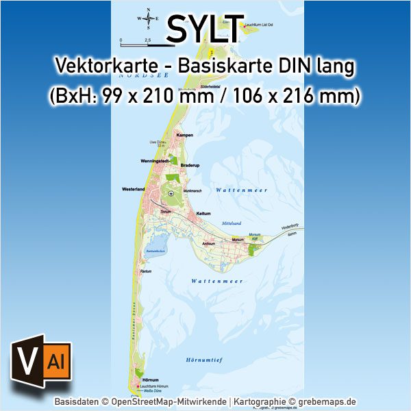 Sylt Vektorkarte Basiskarte (DIN lang), Karte Insel Sylt, Basiskarte Sylt, Übersichtskarte Sylt, Karte Sylt für Print download, Karte Sylt AI-Datei Vektor, Vektorkarte Sylt für Print