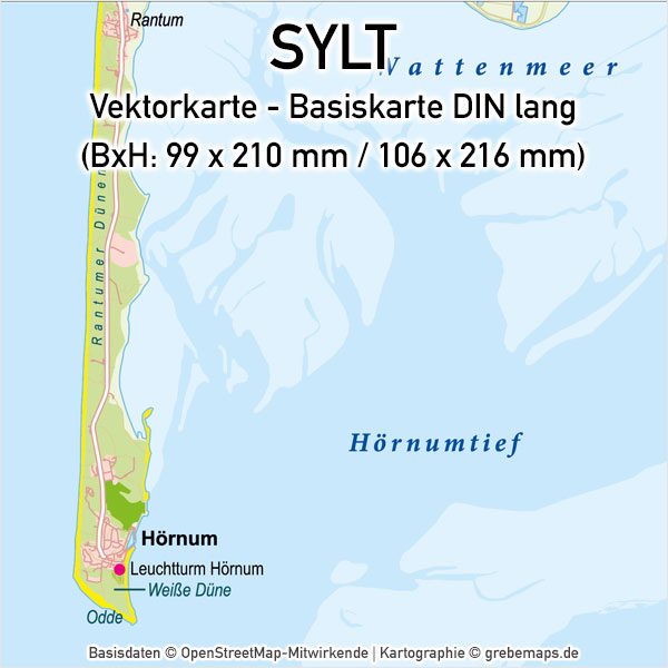 Sylt Vektorkarte Basiskarte (DIN lang), Karte Insel Sylt, Basiskarte Sylt, Übersichtskarte Sylt, Karte Sylt für Print download, Karte Sylt AI-Datei Vektor, Vektorkarte Sylt für Print