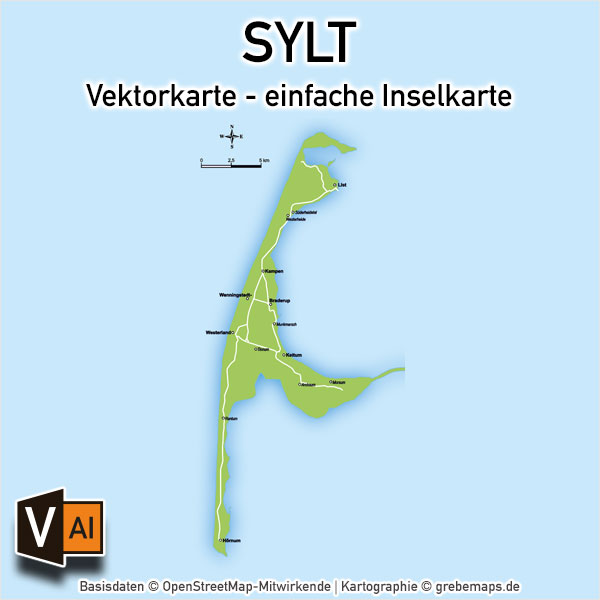 Sylt Vektorkarte einfache Inselkarte (DIN lang), Karte Insel Sylt, Basiskarte Sylt, Übersichtskarte Sylt