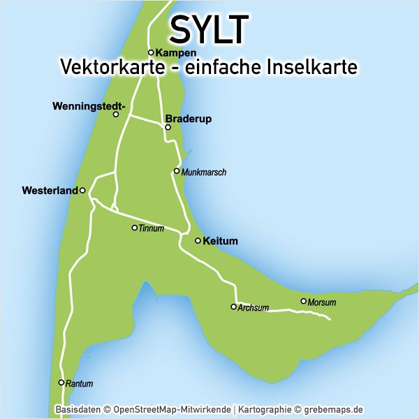 Sylt Vektorkarte einfache Inselkarte (DIN lang), Karte Insel Sylt, Basiskarte Sylt, Übersichtskarte Sylt