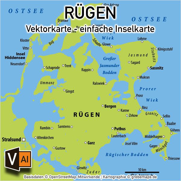 Rügen Vektorkarte einfache Inselkarte (9×9 cm), Karte Insel Rügen