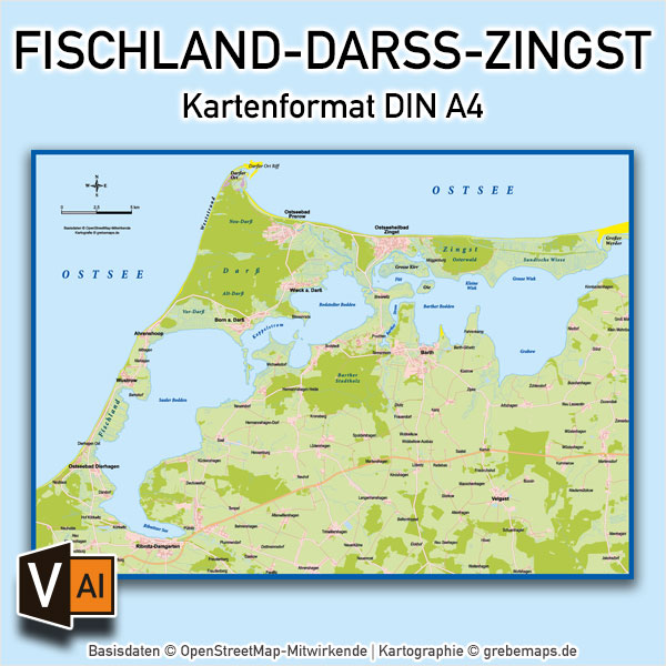 Fischland-Darß-Zingst Vektorkarte Basiskarte (DIN A4), Karte Fischland-Darß-Zingst, Basiskarte Fischland-Darß-Zingst, Übersichtskarte Fischland-Darß-Zingst, Vektorkarte Fischland-Darß-Zingst, AI-Datei, download