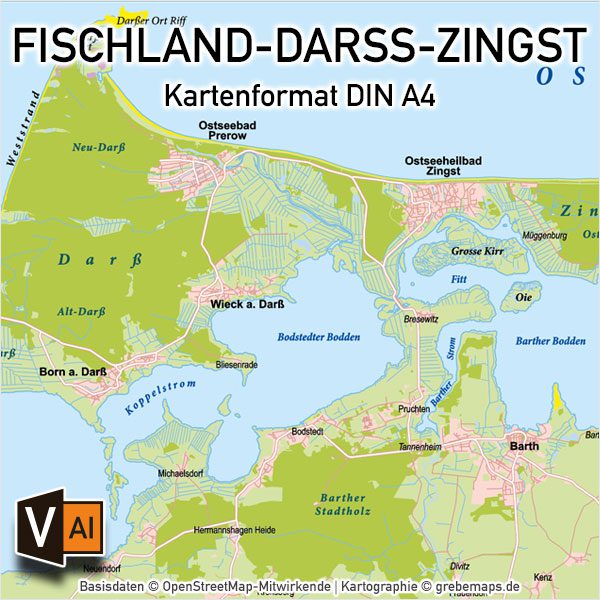 Fischland-Darß-Zingst Vektorkarte Basiskarte (DIN A4), Karte Fischland-Darß-Zingst, Basiskarte Fischland-Darß-Zingst, Übersichtskarte Fischland-Darß-Zingst, Vektorkarte Fischland-Darß-Zingst, AI-Datei, download