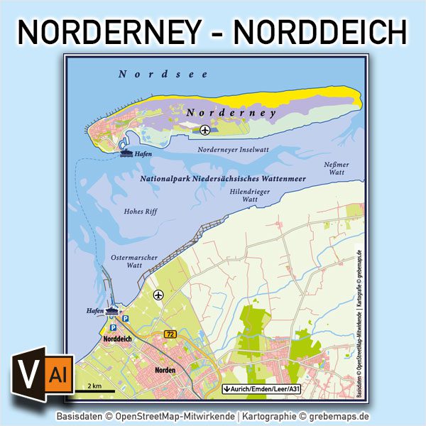 Norderney Norddeich Vektorkarte Infokarte / Karte Insel Norderney Norddeich / Vektorkarte Norderney Norddeich / Übersichtskarte Norderney Norddeich / Karte Norderney, Karte Norderney, Vektorkarte Norderney AI-Datei download