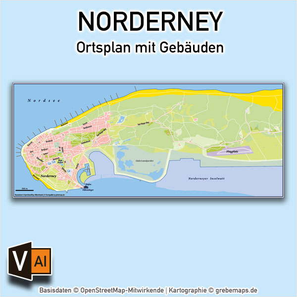 Norderney Ortsplan mit Gebäuden Vektorkarte / Karte Norderney / Ortsplan Norderney mit Gebäuden / Vektorkarte Norderney / Übersichtskarte Norderney, Karte Norderney Ortsplan download AI-Datei Vektorkarte Print Druck