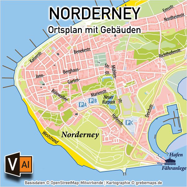 Norderney Ortsplan mit Gebäuden Vektorkarte / Karte Norderney / Ortsplan Norderney mit Gebäuden / Vektorkarte Norderney / Übersichtskarte Norderney, Karte Norderney Ortsplan download AI-Datei Vektorkarte Print Druck