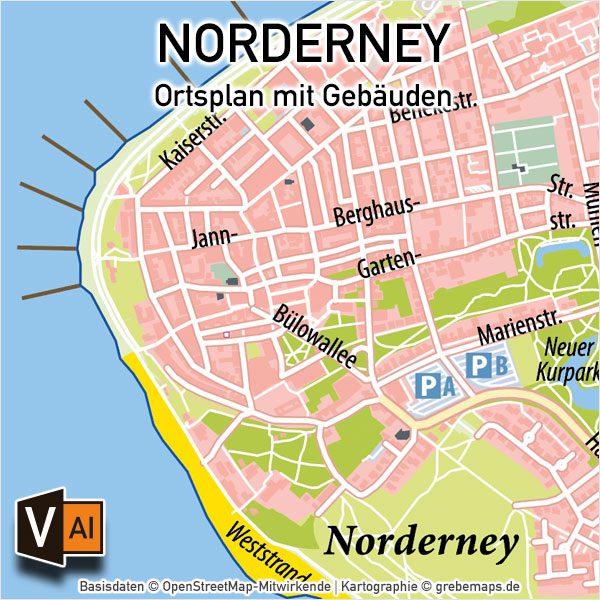 Norderney Ortsplan mit Gebäuden Vektorkarte / Karte Norderney / Ortsplan Norderney mit Gebäuden / Vektorkarte Norderney / Übersichtskarte Norderney, Karte Norderney Ortsplan download AI-Datei Vektorkarte Print Druck