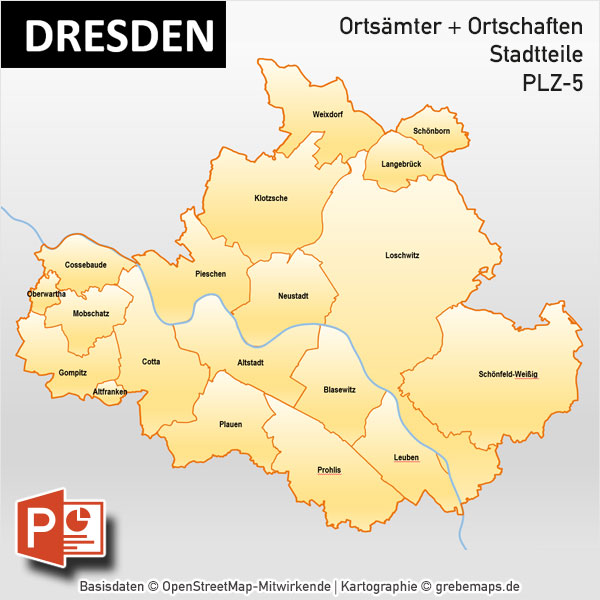 PowerPoint-Karte Dresden Postleitzahlen PLZ-5 Stadtteile Stadtbezirke