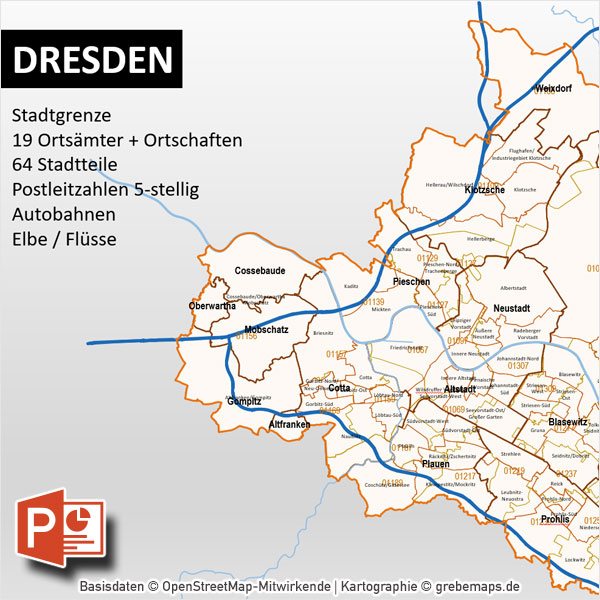PowerPoint-Karte Dresden Postleitzahlen PLZ-5 Stadtteile Stadtbezirke, Karte PowerPoint Dresden Postleitzahlen 5-stellig, PowerPoint Dresden PLZ-5 Karte, Dresden Karte, Dresden PLZ, Vektorkarte Dresden für PowerPoint, Vektorkarte Stadtteile Dresden für PowerPoint, PowerPoint-Karte Stadtbezirke Dresden