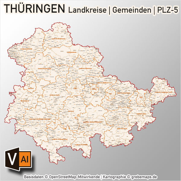 Thüringen Landkreise Gemeinden Postleitzahlen PLZ-5 Vektorkarte, Karte Thüringen Landkreise, Karte Thüringen Gemeinden, Karte Thüringen Postleitzahlen, Karte Thüringen PLZ-5, Karte Thüringen PLZ 5-stellig, Bundeslandkarte Thüringen