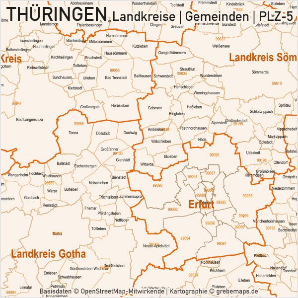 Thüringen Landkreise Gemeinden Postleitzahlen PLZ-5 Vektorkarte, Karte Thüringen Landkreise, Karte Thüringen Gemeinden, Karte Thüringen Postleitzahlen, Karte Thüringen PLZ-5, Karte Thüringen PLZ 5-stellig, Bundeslandkarte Thüringen