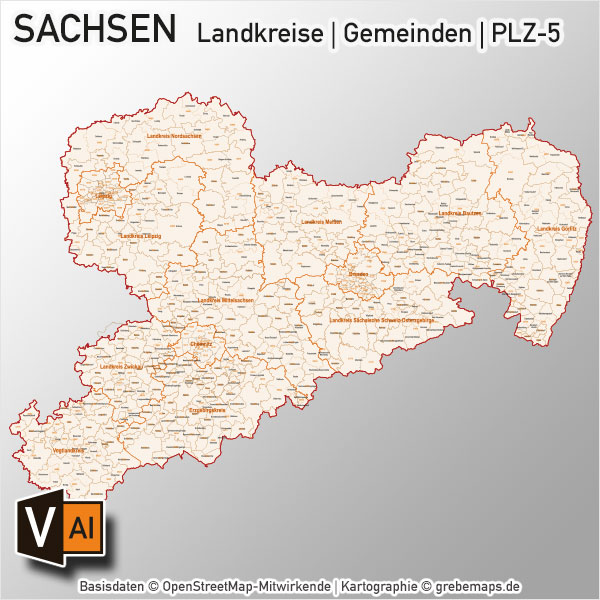 Sachsen Landkreise Gemeinden Postleitzahlen PLZ-5 Vektorkarte, Karte Sachsen Landkreise, Karte Sachsen Gemeinden, Karte Sachsen PLZ, Karte Sachsen Postleitzahlen, Karte Sachsen PLZ-5, Karte Sachsen PLZ 5-stellig, Bundelandkarte Sachsen, Vektorkarte Sachsen, Karte Vektor Sachsen