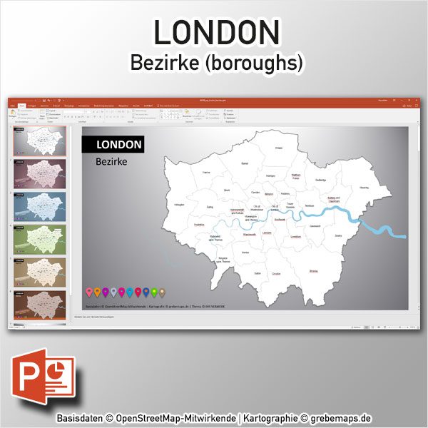 PowerPoint-Karte London Bezirke Boroughs, London PowerPoint-Karte Bezirke Boroughs, Stadtbezirke London Karte Powerpoint, Vektorkarte London Bezirke für Powerpoint