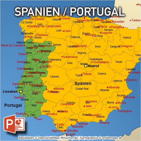 PowerPoint-Karte Spanien Portugal mit Provinzen, Karte PowerPoint Spanien, Karte PowerPoint Portugal