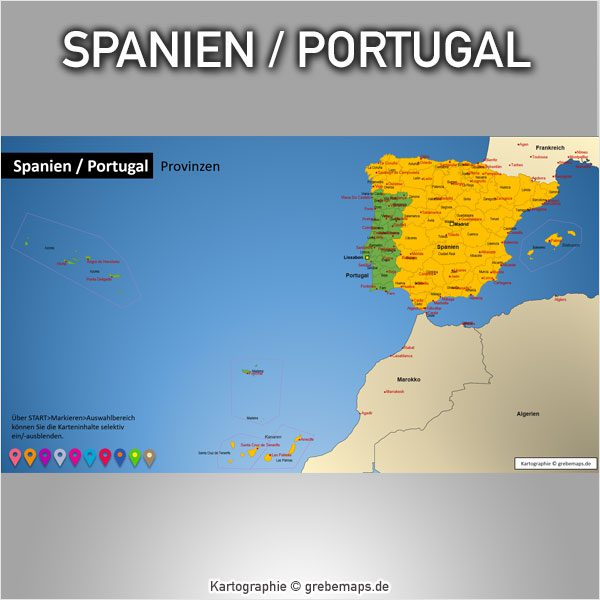 PowerPoint-Karte Spanien Portugal mit Provinzen, Karte PowerPoint Spanien, Karte PowerPoint Portugal