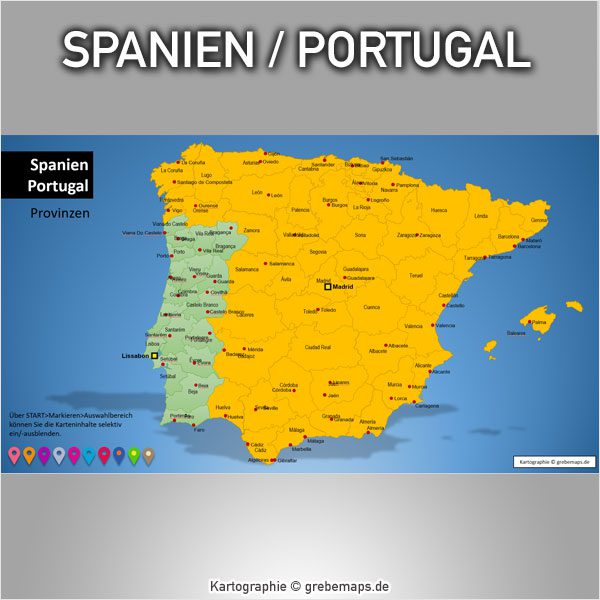 PowerPoint-Karte Spanien Portugal mit Provinzen, Karte PowerPoint Spanien, Karte PowerPoint Portugal